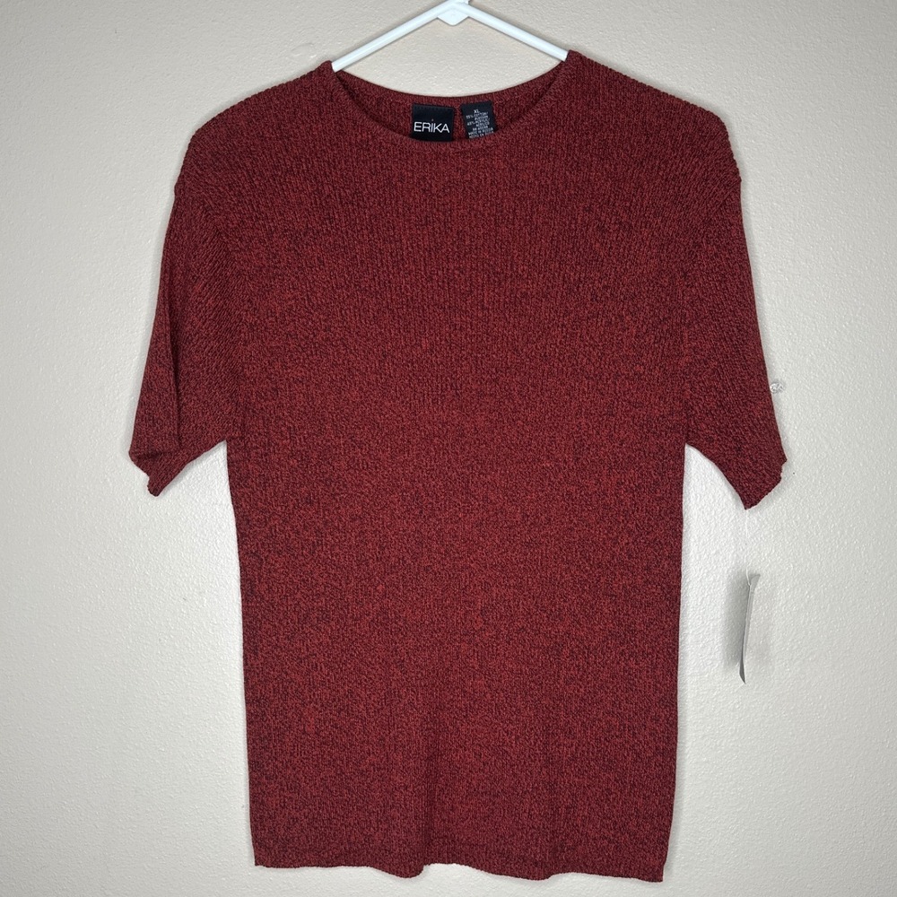 Erika‎ NWT VTG Short Sleeve Marled Red Rust Colored Cotton Knit Top Women's XL